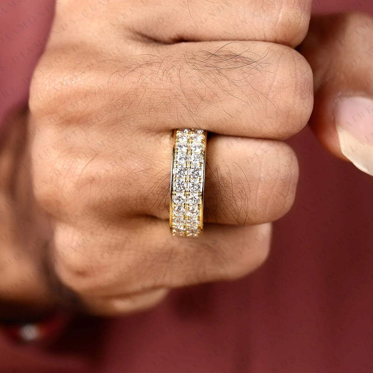 round cut lab grown diamond eternity wedding band | double row pave diamond wedding ring | yellow gold full eternity anniversary band | luxury jewelry