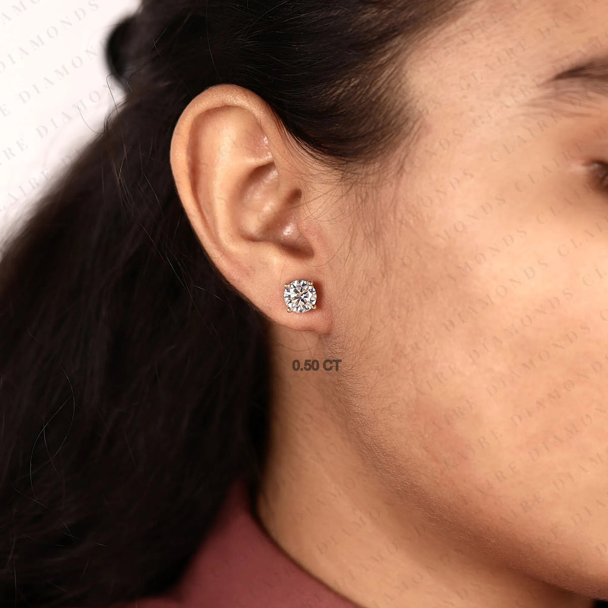 round cut lab grown diamond stud earrings, classic four prong gold earrings, minimalist diamond studs, elegant bridal jewelry