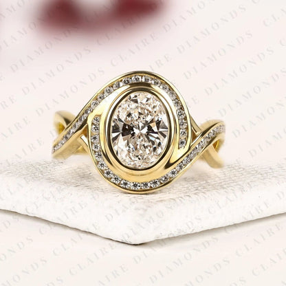 Oval Cut Lab Grown Diamond Engagement Ring | Pavé Bezel Halo Yellow Gold Bypass Ring | Twisted Split Shank Bridal Jewelry | Modern Statement Ring