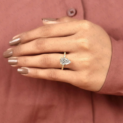 Pear Cut Lab Grown Diamond Engagement Ring Vintage Marquise Accent Diamond Ring Nature Inspired Solitaire Bridal Ring for Women