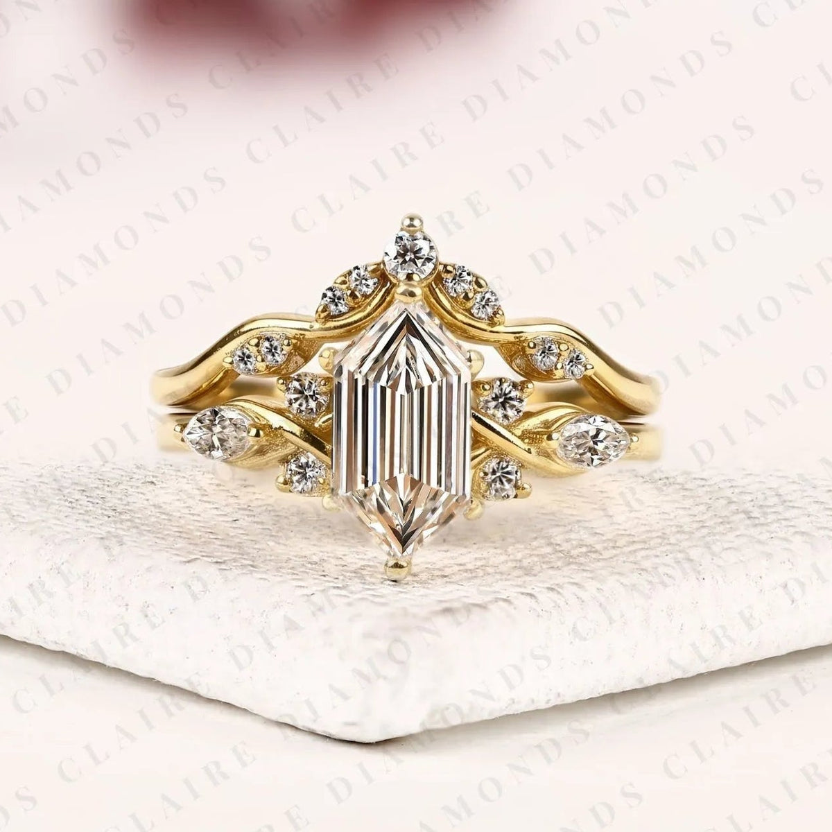hexagon step cut lab grown diamond engagement ring | yellow gold botanical vine band | floral bridal ring set | unique wedding jewelry