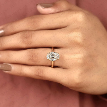 Personalized Custom Initial Oval Moissanite Diamond Ring with Hidden Halo Setting
