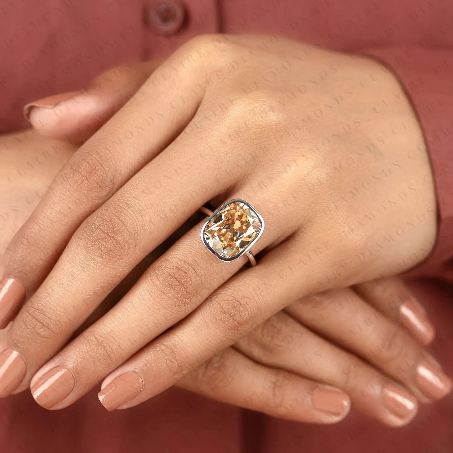 old mine elongated brown cushion cut bezel set  solitaire lab grown diamonds engagement ring – modern elegance with warm radiance