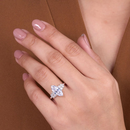 Timeless Marquise Lab Grown Diamond Ring with Delicate Sparkling Side Stone Detailing and Elegant Engagement Ring