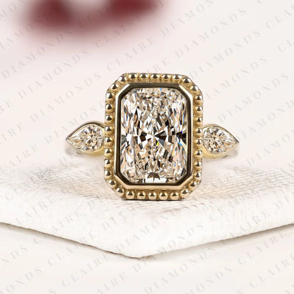 Radiant Cut Lab Grown Diamond Three Stone Engagement Ring | Pear Cut Side Stone Gold Ring | Beaded Bezel Statement Bridal Jewelry | Modern Luxury Wedding Ring