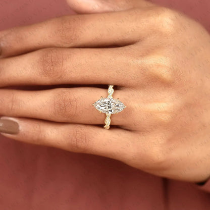 Vintage-Inspired Marquise Cut Lab Grown Diamond Engagement Ring in Gold – Twisted Pavé Band Solitaire Ring