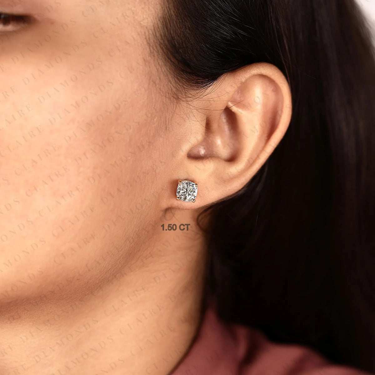 cushion cut moissanite diamond stud earrings, double stone gold earrings, minimalist bezel set diamond studs, modern bridal jewelry