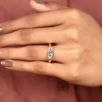 Minimalist Marquise Cut Solitaire Lab Grown Diamond Engagement Ring in Yellow Gold | Modern Bezel-Inspired Promise Ring for Women.