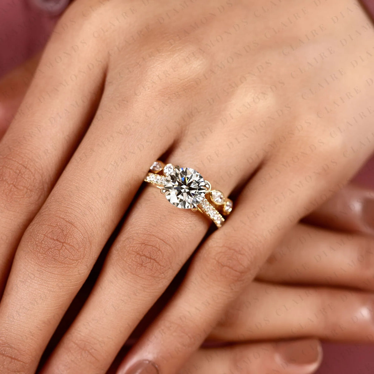 round cut moissanite diamond engagement ring set | yellow gold bezel accent wedding band | modern two-tone bridal ring set