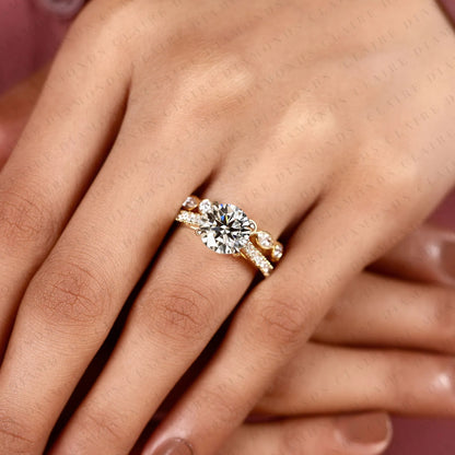 Round Cut Moissanite Diamond Engagement Ring Set | Yellow Gold Bezel Accent Wedding Band | Modern Two-Tone Bridal Ring Set