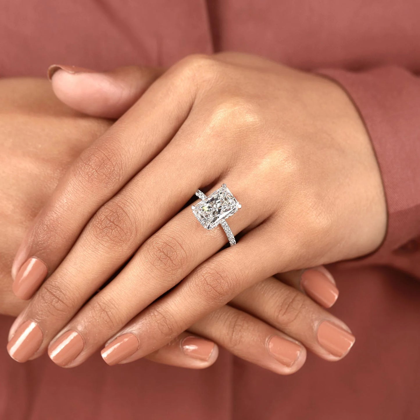 radiant cut hidden halo lab grown diamonds engagement ring with pavé band – luxurious brilliance for your forever