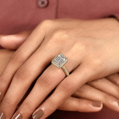Emerald Cut Moissanite Diamond Halo Engagement Ring, Double Pavé Halo Yellow Gold Bridal Ring, Luxury Statement Ring