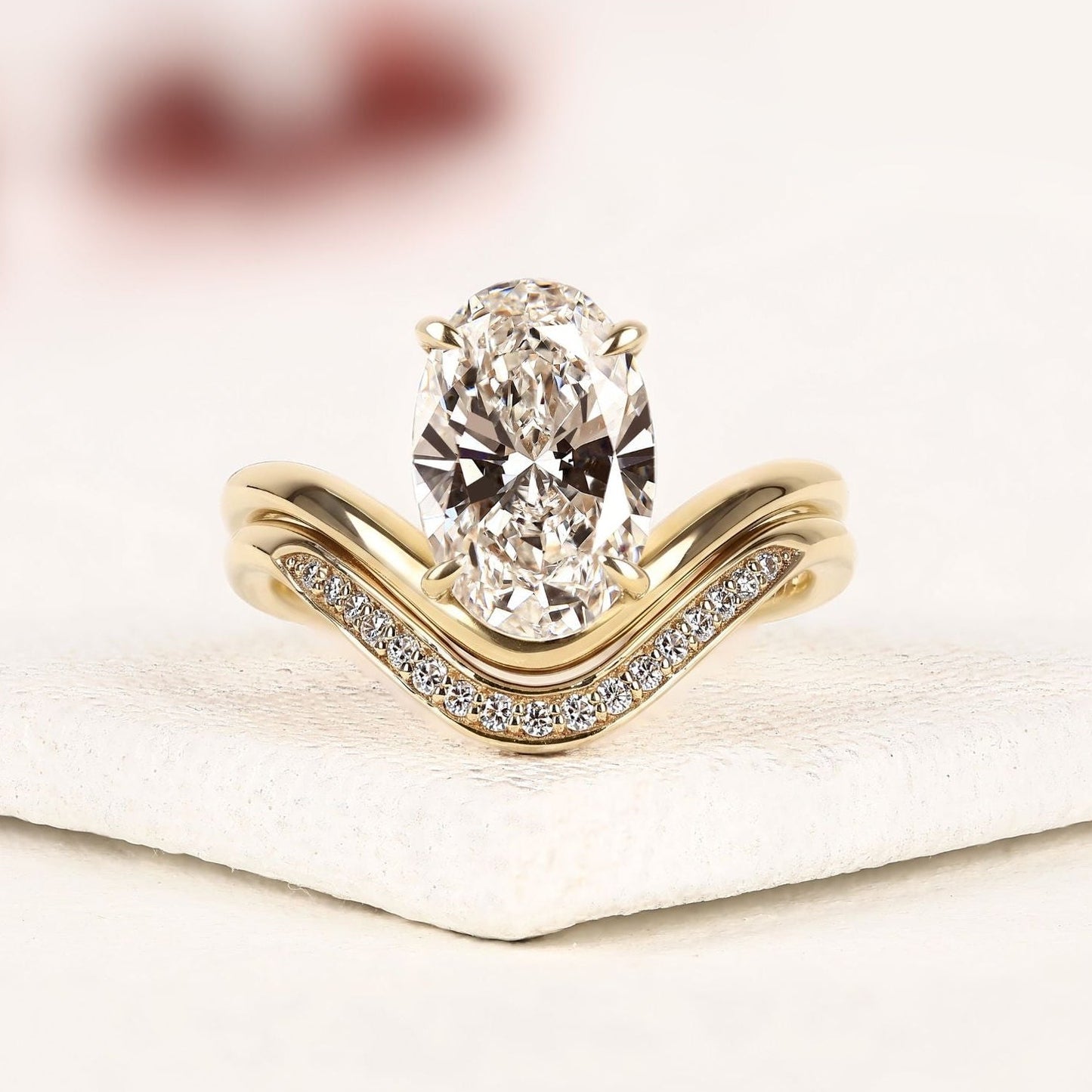 curved chevron wedding band set with elongated oval cut moissanite diamond ring | vintage v-shaped bridal set | unique anniversary ring for women