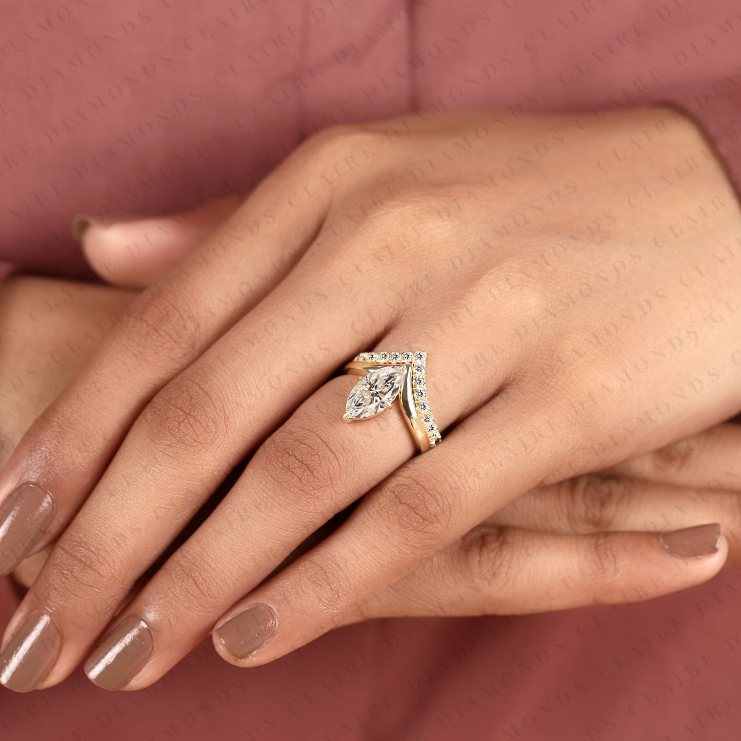 marquise cut lab grown diamond chevron bridal ring set in gold, curved band, yellow gold ring, engagement ring for women