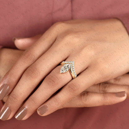Marquise Cut Lab Grown Diamond Chevron Bridal Ring Set in Gold, Curved Band, Yellow Gold Ring, Engagement Ring for Women