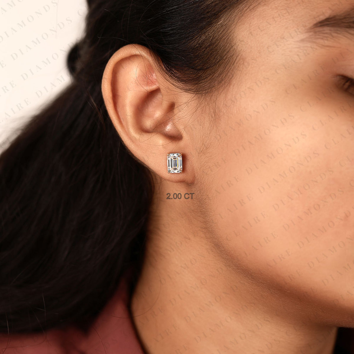 emerald cut moissanite diamond stud solitaire earrings, elegant diamond studs, modern minimalist diamond jewelry