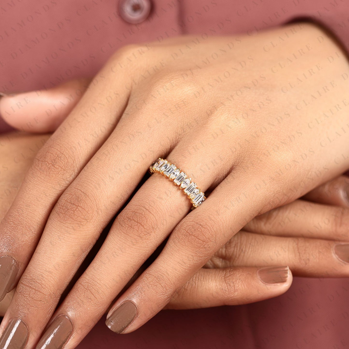 1.76 tcw alternating marquise & baguette cut lab grown diamond eternity band, yellow gold full eternity wedding ring, modern geometric anniversary band