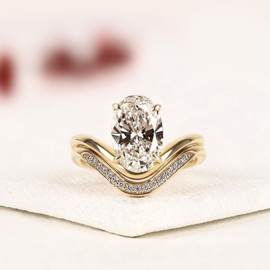 Curved Chevron Wedding Band Set with Elongated Oval Cut Lab Grown Diamond Ring | Vintage V-Shaped Bridal Set | Unique Anniversary Ring for Women