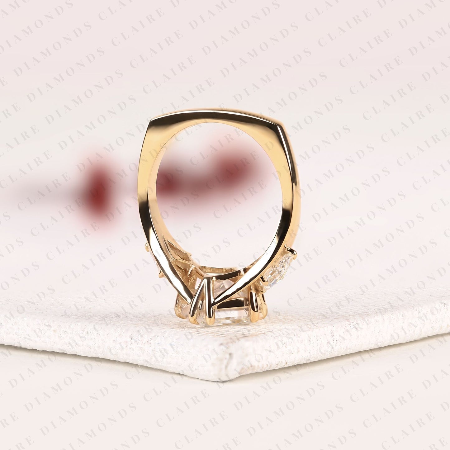 princess cut moissanite diamond three stone engagement ring with kite side stones in gold