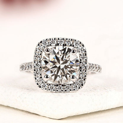 Round Cut Moissanite Diamond Halo Engagement Ring in White Gold | Vintage Cushion Halo Wedding Ring | Pave Anniversary Ring for Women