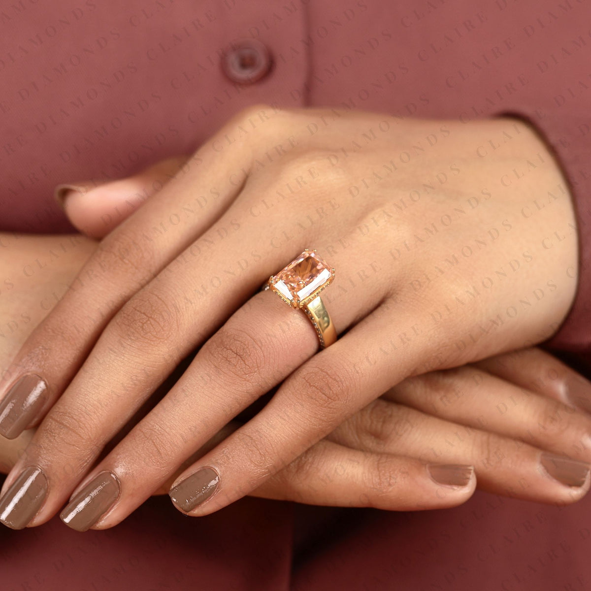 radiant cut pink moissanite diamond engagement ring, yellow gold pave band, unique wedding ring for women