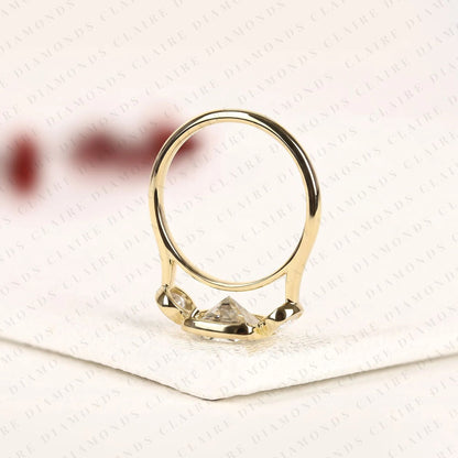 Elongated Cushion Cut Bezel Set Three Stone Lab Grown Diamond Engagement Ring Modern Gold Ring Minimalist Bridal Jewelry.