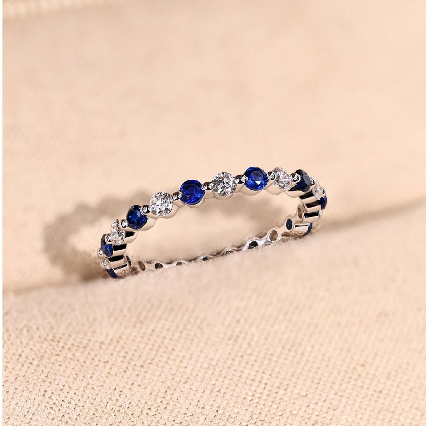 1.76 tcw alternating blue sapphire & diamond lab grown eternity band elegant gemstone stackable ring