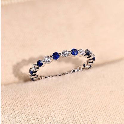 1.76 TCW Alternating Blue Sapphire & Diamond Lab Grown Eternity Band Elegant Gemstone Stackable Ring