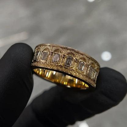 1.12 TCW Vintage Inspired Emerald Cut Lab Grown Diamond Band Ring in Gold Textured Designer Wedding Ring