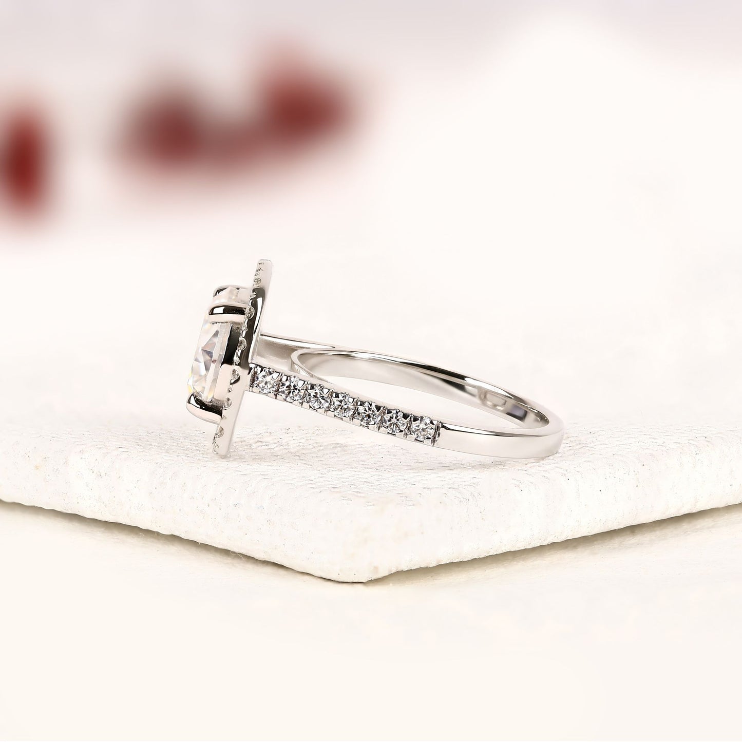 round cut moissanite diamond halo engagement ring in white gold | vintage cushion halo wedding ring | pave anniversary ring for women