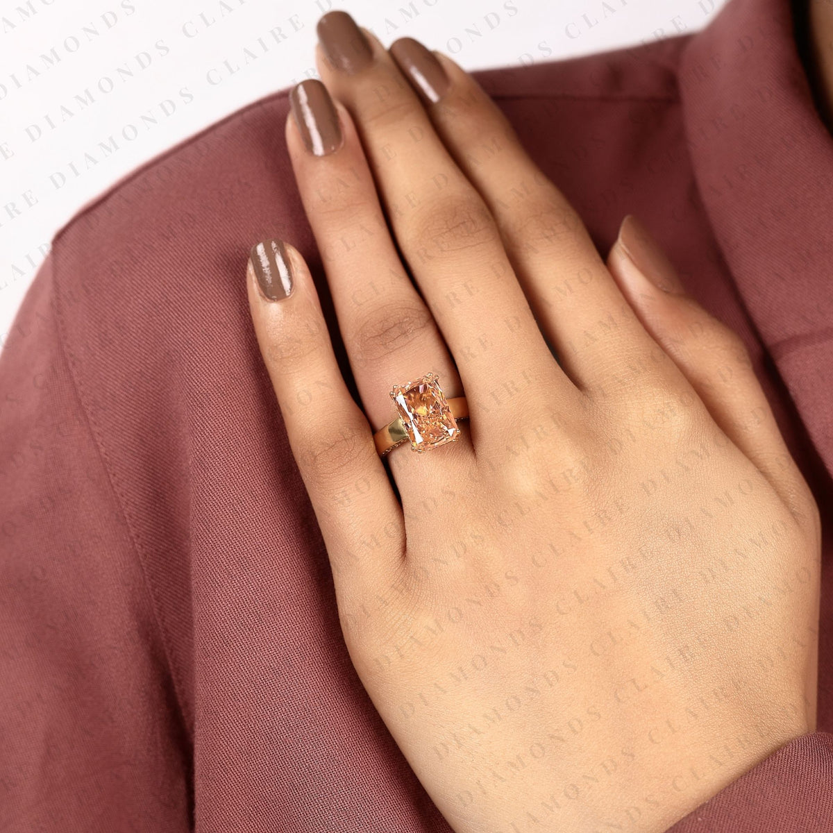 radiant cut pink moissanite diamond engagement ring, yellow gold pave band, unique wedding ring for women