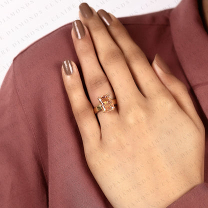 Radiant Cut Pink Moissanite Diamond Engagement Ring, Yellow Gold Pave Band, Unique Wedding Ring for Women