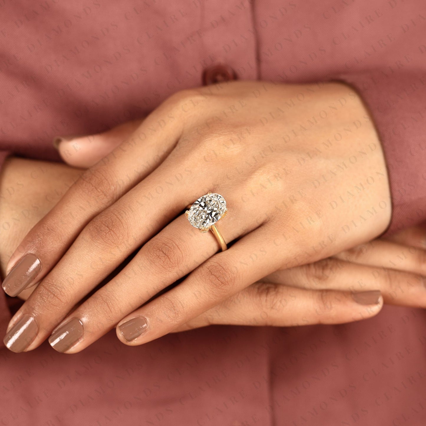 oval moissanite diamond engagement ring in gold | hidden halo ring with tulip set gold ring.