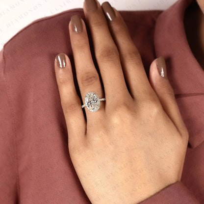 Oval Lab Grown Diamond Hidden Halo Ring, Pave Engagement Ring, Yellow Gold, Pave Band, Oval Wedding Ring