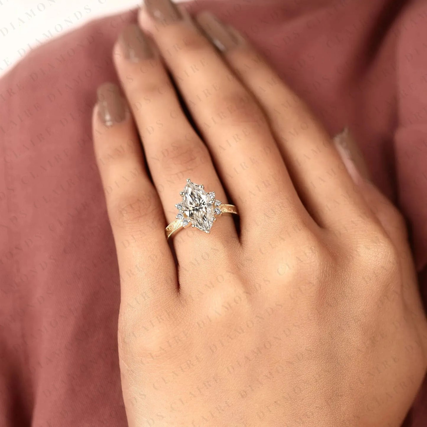 vintage marquise cut lab grown diamond engagement ring engraved gold ring floral halo wedding ring antique inspired bridal ring