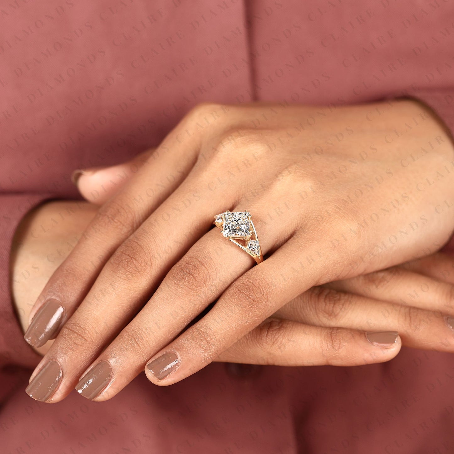 princess cut moissanite diamond three stone engagement ring with kite side stones in gold