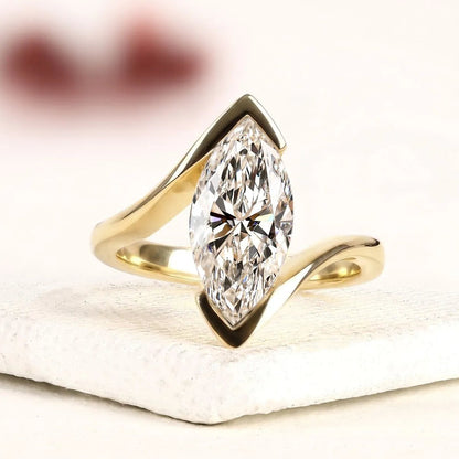Marquise Cut Moissanite Diamond Engagement Ring, Modern Bezel Set Solitaire Ring, Minimalist Gold Wedding Ring, IGI Certified Diamond Ring