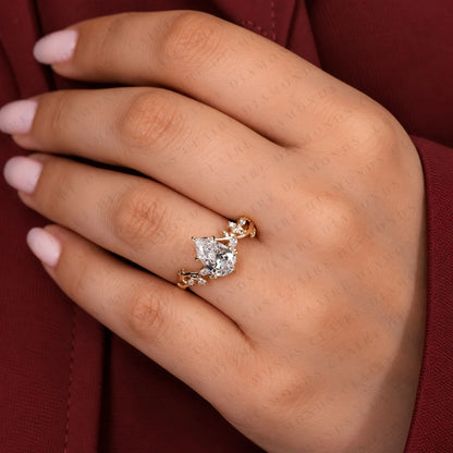 Pear Cut Moissanite Diamond Engagement Ring Nature Inspired Gold Vine Ring Floral Vintage Wedding Ring Luxury Bridal Jewelry