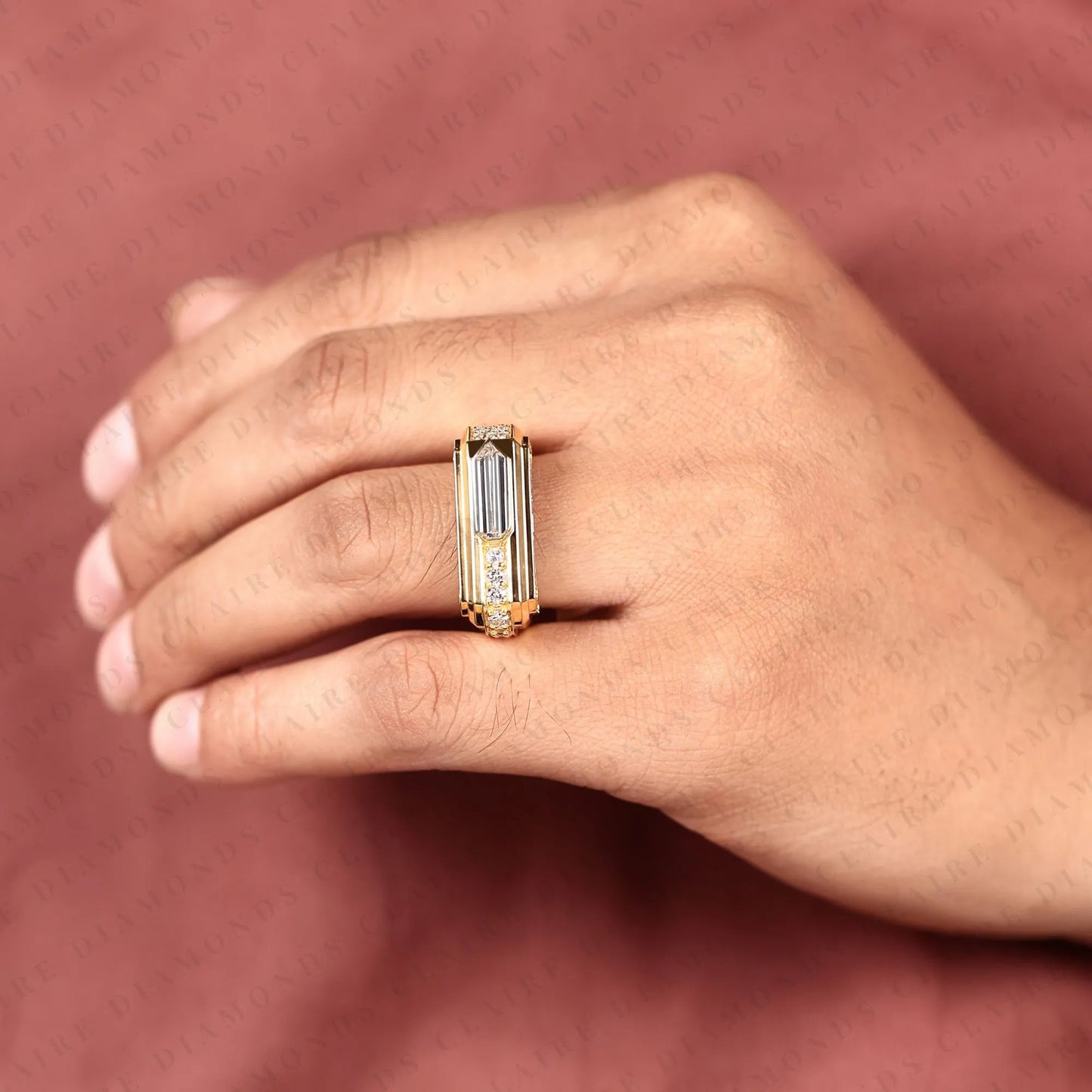 luxury baguette cut moissanite diamond engagement ring in gold with round accent side diamonds for men.