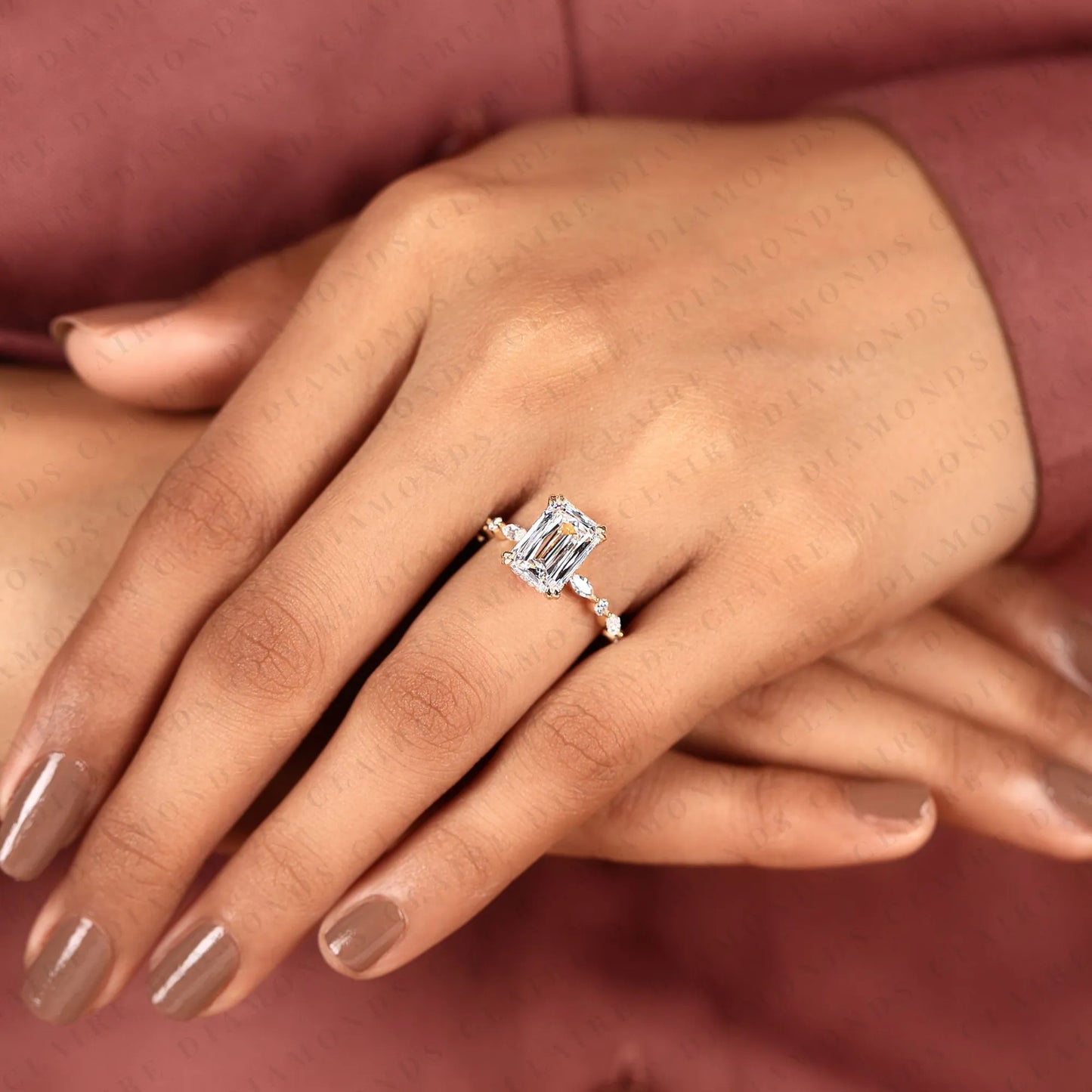criss cut lab grown diamond engagement ring, hidden halo gold ring with marquise & round accent.