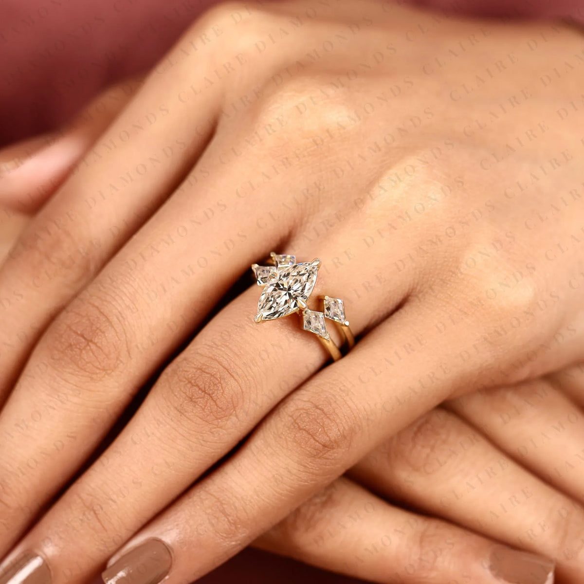 marquise cut lab grown diamond engagement ring bridal set with kite cut three stone ring modern unique bridal jewelry