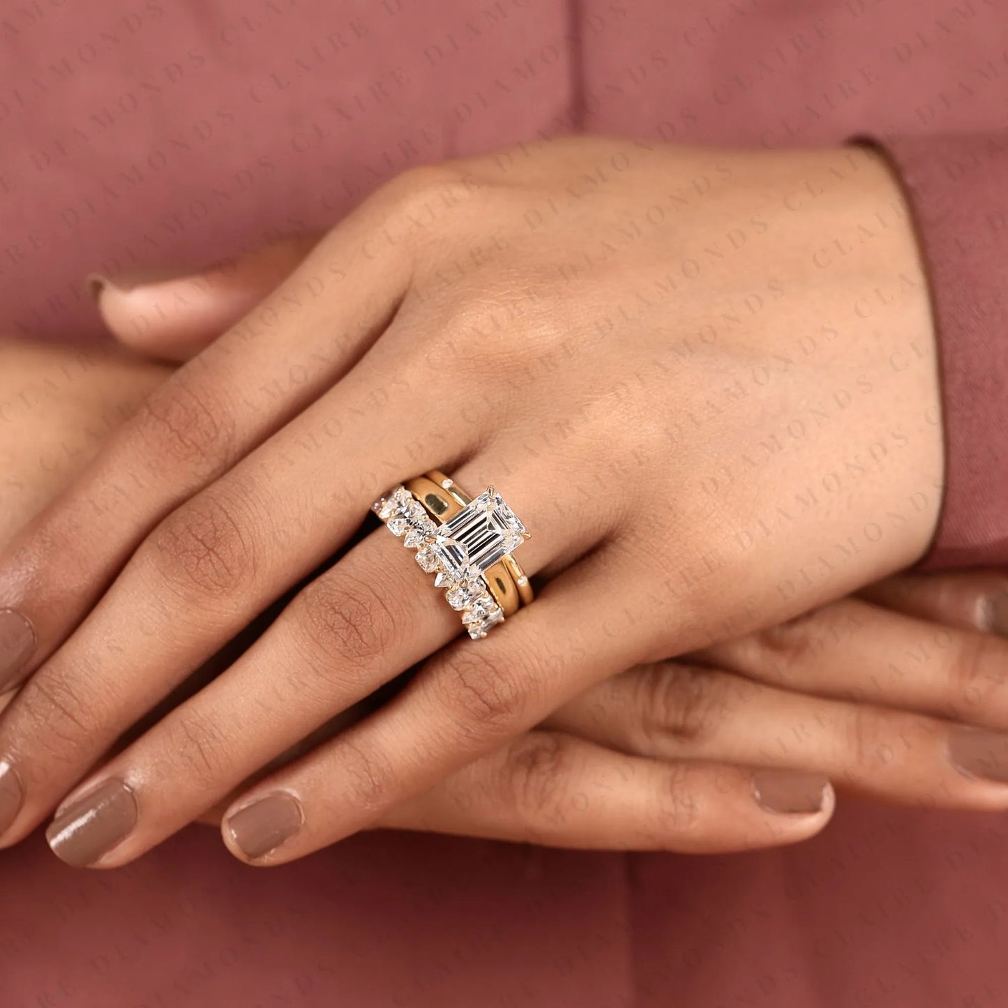 emerald cut lab grown diamond engagement ring set double band bridal set three row diamond ring luxury gold jewelry