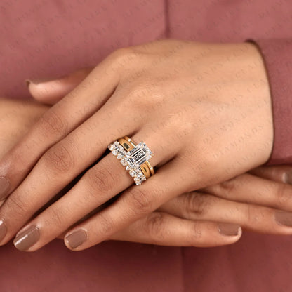 Emerald Cut Lab Grown Diamond Engagement Ring Set Double Band Bridal Set Three Row Diamond Ring Luxury Gold Jewelry