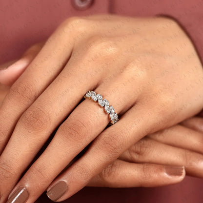 1.12 TCW Marquise & Round Cut Moissanite Diamond Half Eternity Wedding Band Yellow Gold Alternating Band