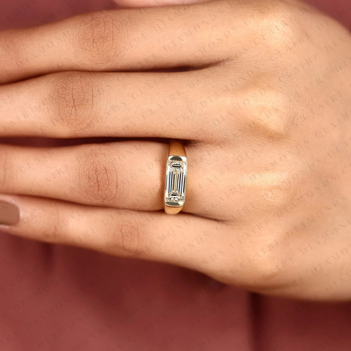 baguette cut lab grown diamond ring in gold modern rectangular diamond solitaire ring minimalist statement engagement ring for women
