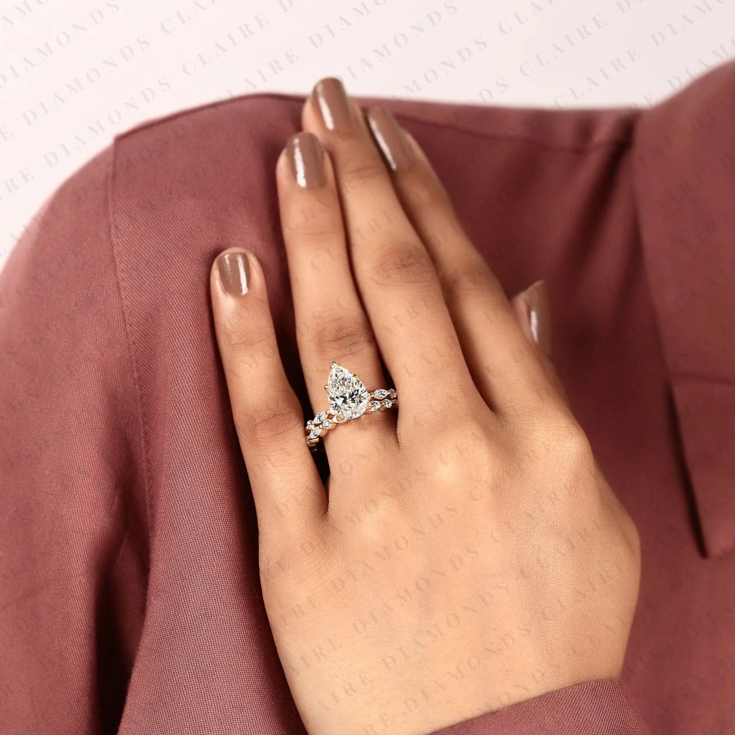pear cut lab grown diamond engagement ring floral nature inspired bridal ring vintage gold wedding unique ring for women