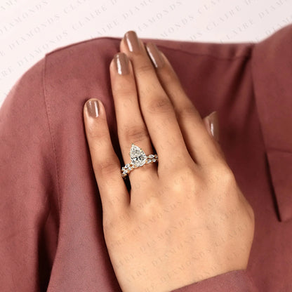 Pear Cut Lab Grown Diamond Engagement Ring Floral Nature Inspired Bridal Ring Vintage Gold Wedding Unique Ring for Women
