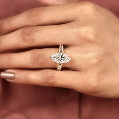 Designer Marquise Moissanite Diamond Engagement Ring with Channel Set Baguette Diamonds