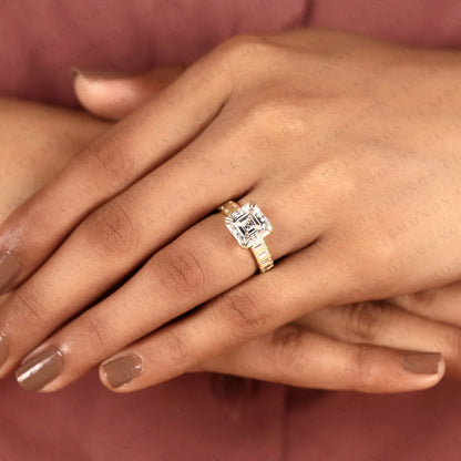 Asscher Cut Lab Diamond Engagement Ring with Baguette Accent Band In Gold.