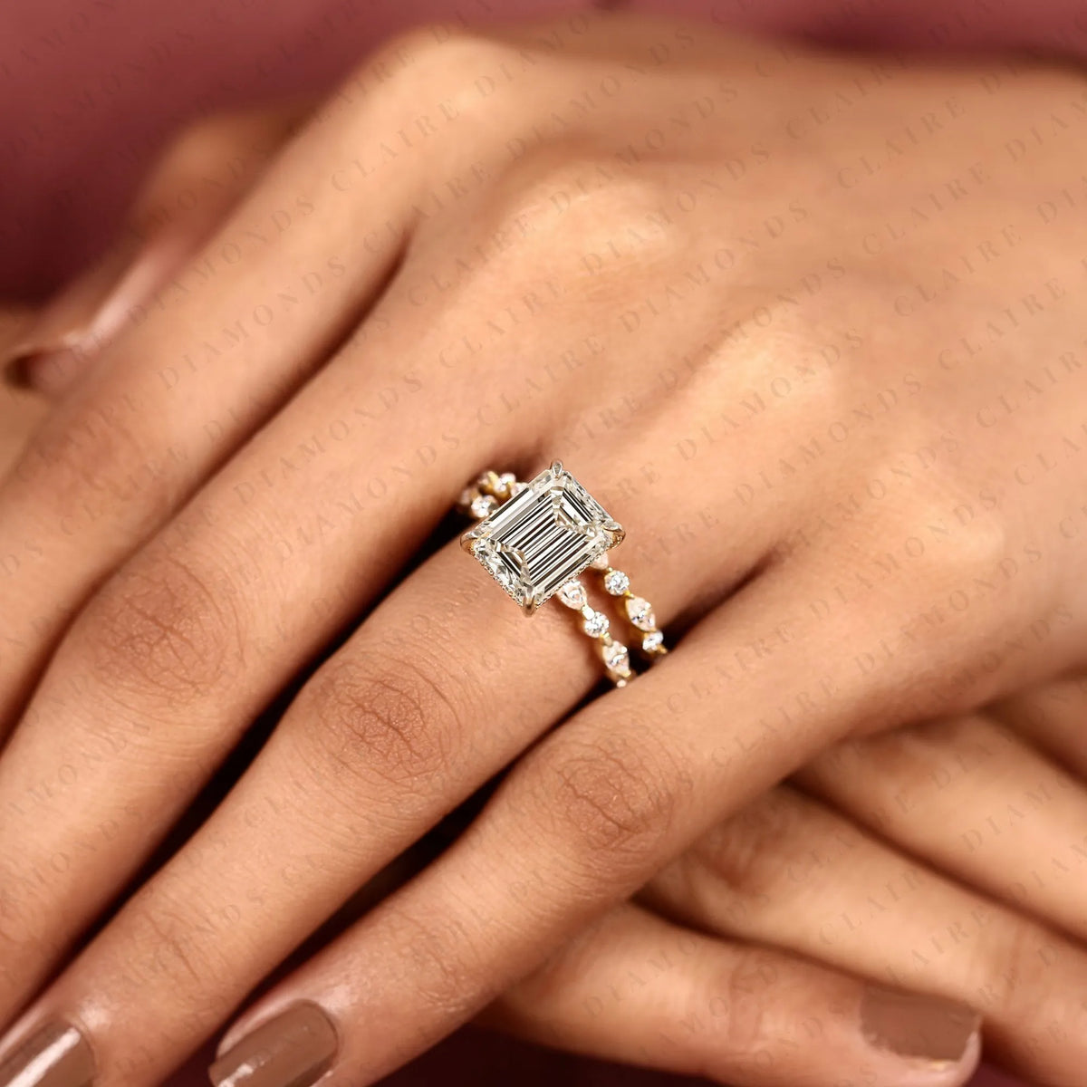emerald cut lab grown diamond engagement ring bridal set ring with pavé diamond band modern unique bridal jewelry